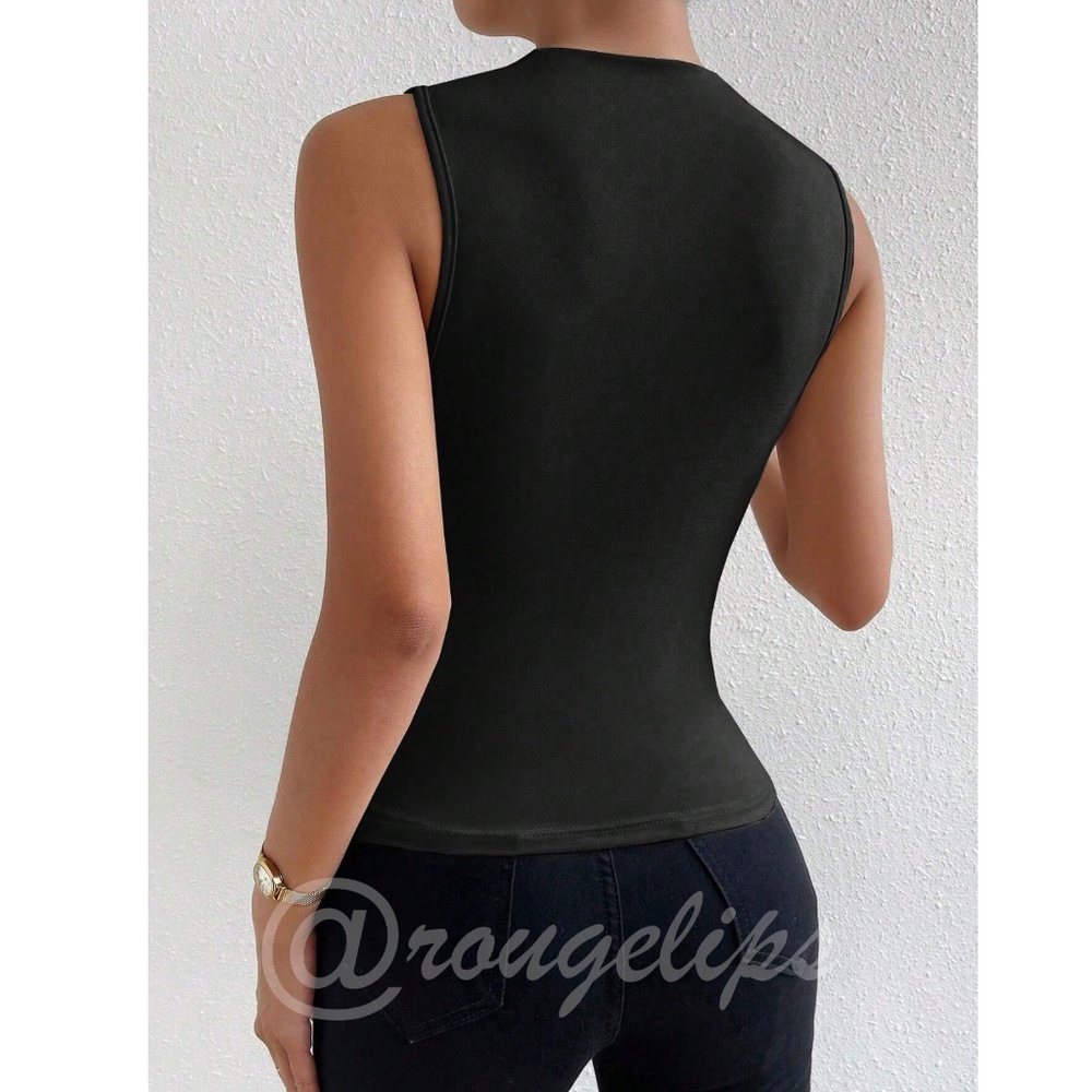 Ruched Black Asymmetrical Sleeveless Shirt Top Stretchy - Picture 3 of 11